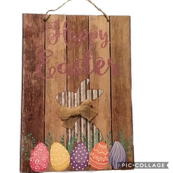 NWT Wood Happy Easter Door Sign with Pink Glitter Bunny with Easter Eggs - Picture 1 of 2